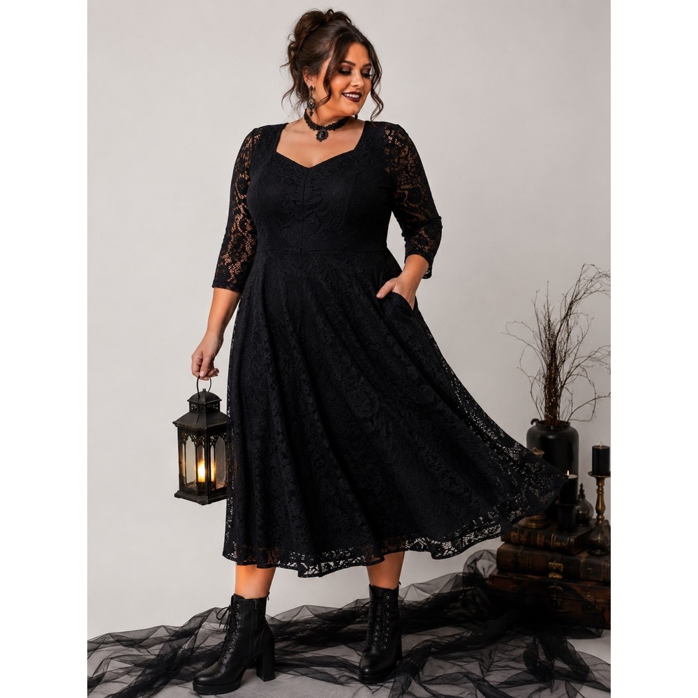 NWT Dressystar Black Floral Lace Dress Witchy Whimsigoth Party 3/4 Sleeve Large